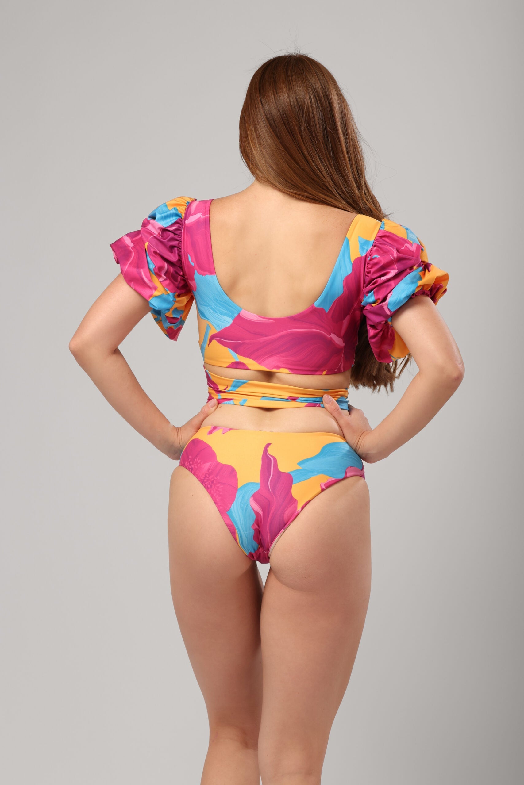 FR Puff-Sleeve Exotic Flower Bikini Set